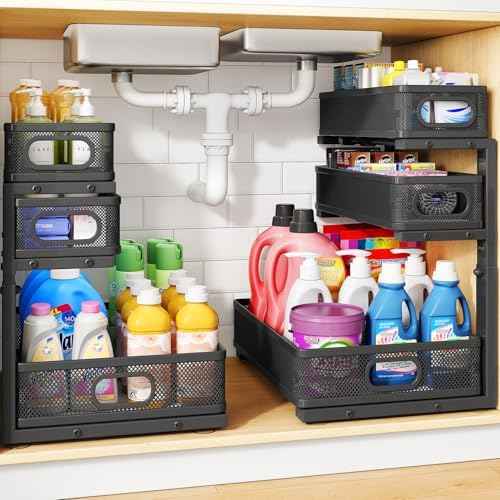 Under Sink Organizer, 3-Tier Thickened Metal Pull out Cabinet Organizer Shelf, Height Adjustable Slide out Storage Drawer Rack for Kitchen Bathroom Pantry Laundry Home Organization, 2-Pack, Black