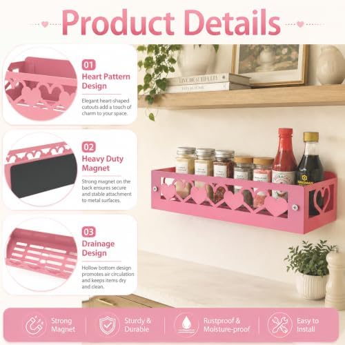 OYEFLY Pink Heart Magnetic Spice Rack for Refrigerator, Metal Magnetic