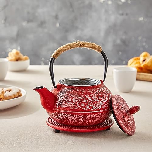 Juvale Japanese Cast Iron Teapot with Infuser - Red, 27 oz (800 ml)