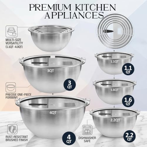 DUTZUN Premium Mixing Bowls, 304 Stainless Steel, See-Through Airtight Lids