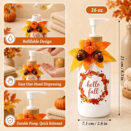 AnyDesign Hello Fall Soap Dispenser, with Artificial Leaves Pumpkin