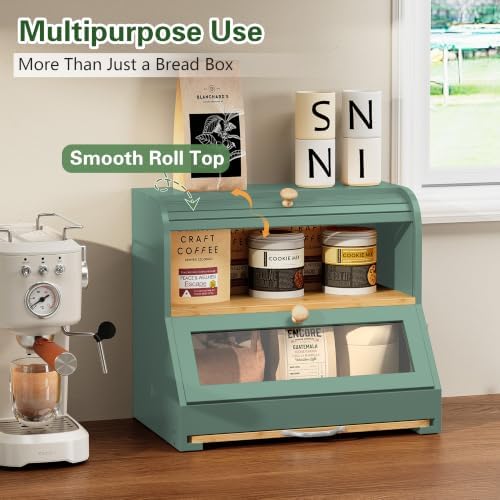 HOLTICO Roll Top Bamboo Bread Box with Cutting Board for Kitchen, Green