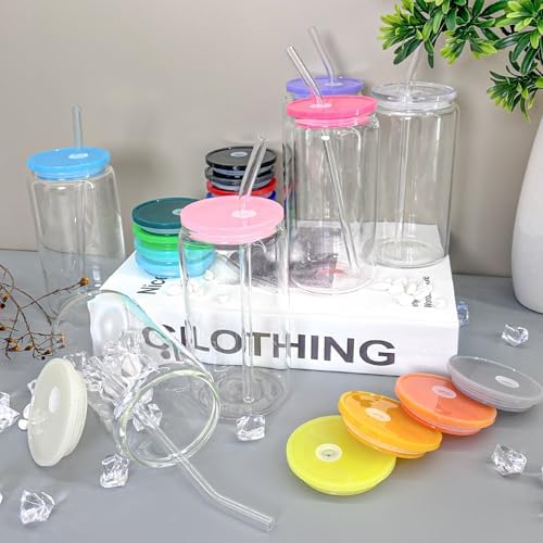 WHEATHUSK 20 Pack Glass Cups with Acrylic Lids and Glass Straws 16oz