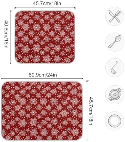OTVEE Snowflakes’ Red Canvas Dish Drying Mat for Kitchen Counter