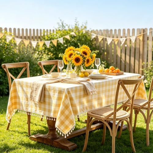 Alsoo Yellow Gingham Tablecloth Rectangle, Picnic Cotton Linen Fabric