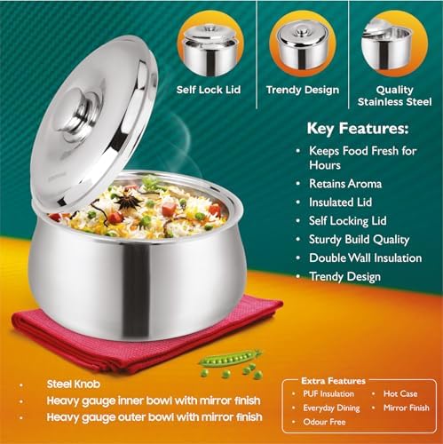 SIGNORA WARE Large Insulated Casserole Dish with Lid Set of 3. Stainless steel Hot Pot Food Warmer/Cooler -Thermal Soup/Salad Serving Bowl Stainless Steel Hot Food Container–Best Gift Set for Moms