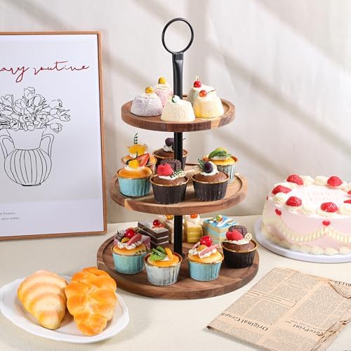 3 Tier Cupcake Stand, Round Wooden Cupcake Display Stand with Metal