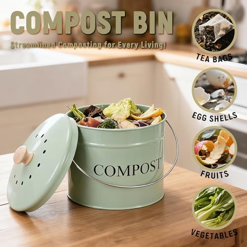 Compost Bin for Kitchen Counter, 1 Gallon, Green