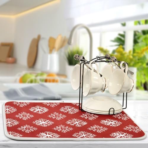 OTVEE Snowflake’ Red Canvas Dish Drying Mat for Kitchen Counter