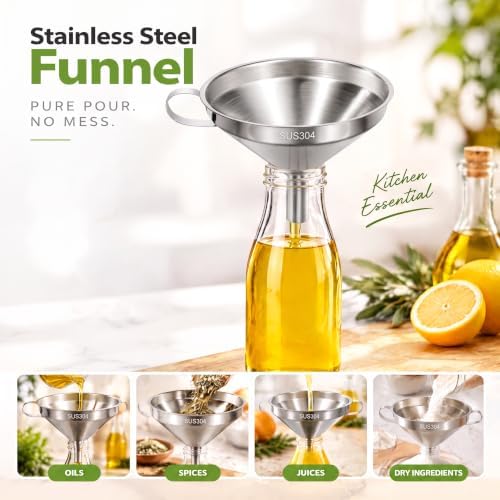 Stainless Steel Kitchen Funnel, 4.3-Inch Metal Funnel with Strainer