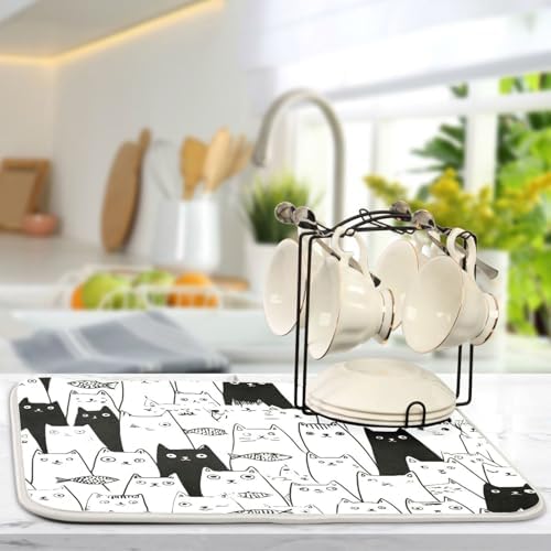 OTVEE Doodle Cat Dish Drying Mat for Kitchen Counter Absorbent Heat
