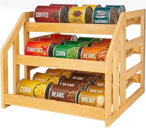 Bamboo Can Organizer for Pantry Cabinet, 3 Tier Tilt Rack Holds 36