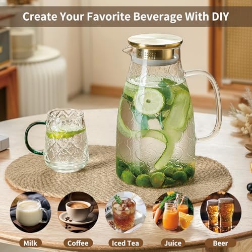 Buaic Glass Pitcher with Lid,2 PACK 68 oz/2 Liter Vintage Water