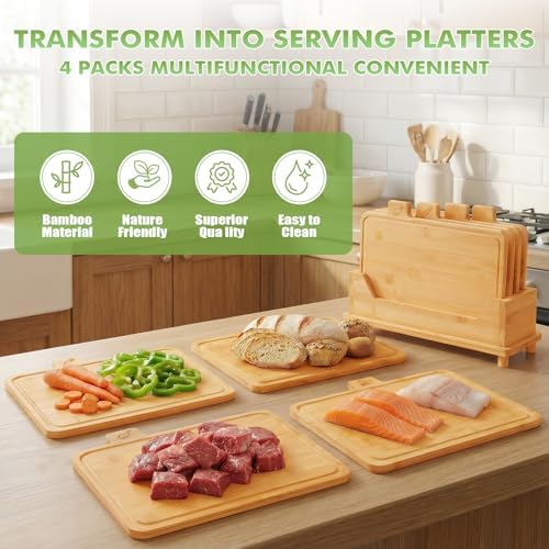 4-Piece Bamboo Cutting Board Set with Elevated Holder