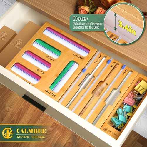 Calmbee 9 in 1 Bamboo Storage Bag Organizer for Kitchen Drawer