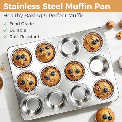 Onader 12-Cup Muffin Cupcake Pan, Stainless Steel Muffin Tin, 1 Pack
