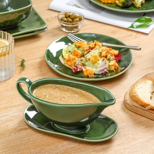 Vicrays Gravy Boat with Saucer - Large 17oz Ceramic Sauce Boat with