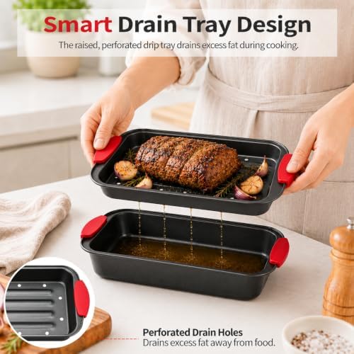 2 Pcs Non-Stick Meatloaf Pans with Drain Tray, PFOA-Free High-Carbon