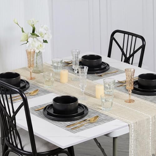 E-far 12-Piece Plates and Bowls Sets, Stoneware Dinnerware Dishes Set
