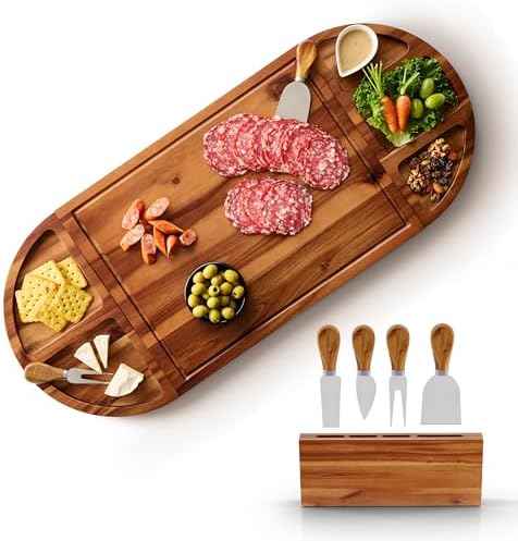 TIDITA 30" Large Acacia Wood Charcuterie Board with 4 Knives Set, Magnetic