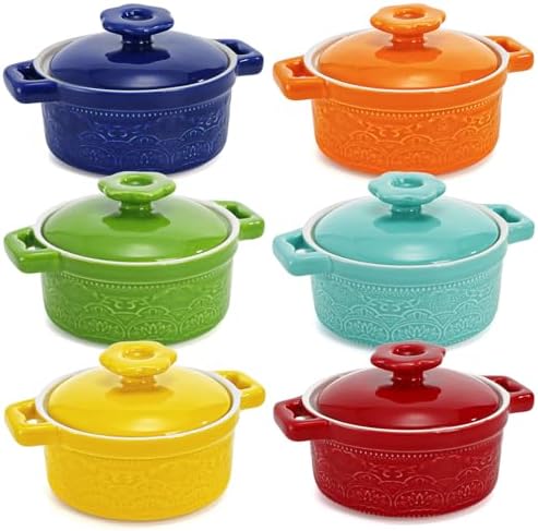 Hacaroa Set of 6 Mini Cocotte with Lid, 8 Oz Ceramic Ramekins with