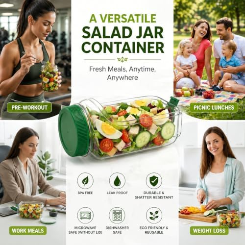 Nexoro 2 Pack Salad Jar with Side Opening Lid, Salad Bowl Container