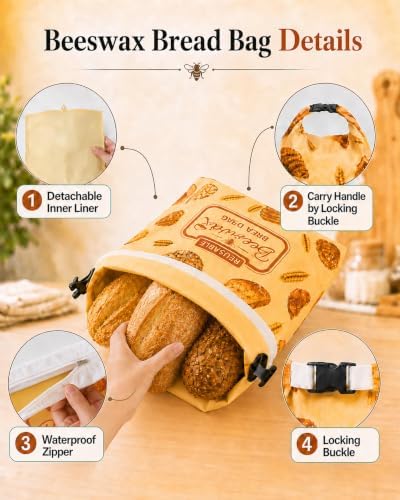 Detachable Beeswax Bread Bag with Zipper, 14 x 19 Inch