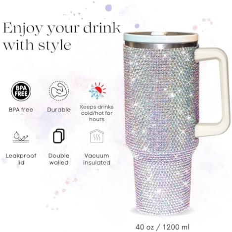 40 Oz Rhinestone Tumbler with Handle and Flip Straw, Insulated