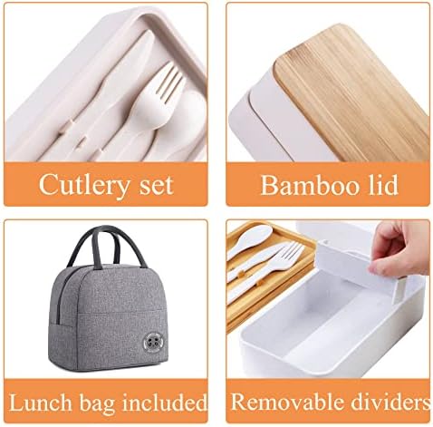 Japanese Bamboo Bento Box with Compartments and Utensils, Beige