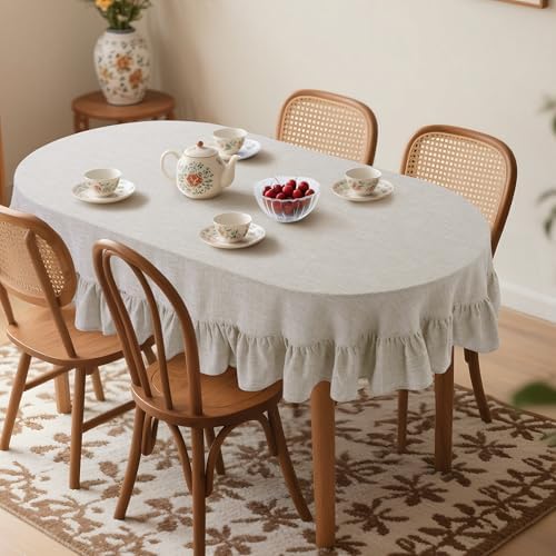 HOMBYS Oval Tablecloth 84 x 60 Inch with Scalloped Ruffle Edge