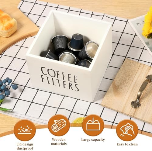 Wooden Coffee Filter Holder with Lid, Large Capacity Rustic Storage