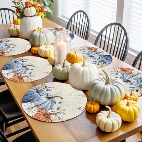 Fall Round Placemats Set of 4 Thanksgiving Blue Pumpkin Place Mats