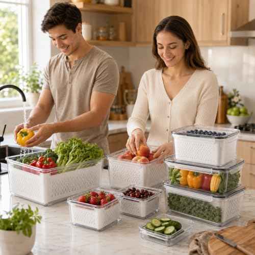 Fruit Storage Containers with Removable Colander and Lid, 8-Pcs