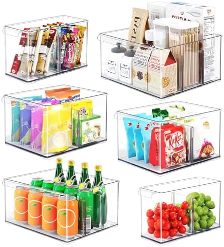 Clear Plastic Storage Bins with Dividers for Fridge Pantry Organizers