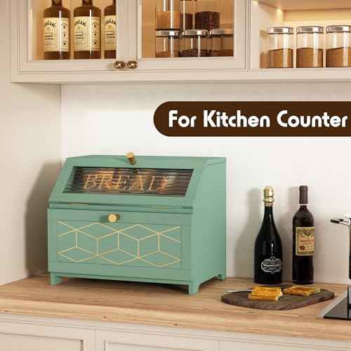 HOLTICO Double Layer Bread Box with Golden Trim for Kitchen Countertop