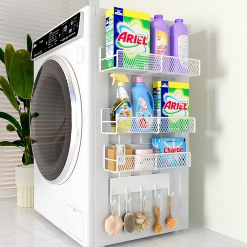 4 Pack Magnetic Shelves for Washing Machine with Hooks, White