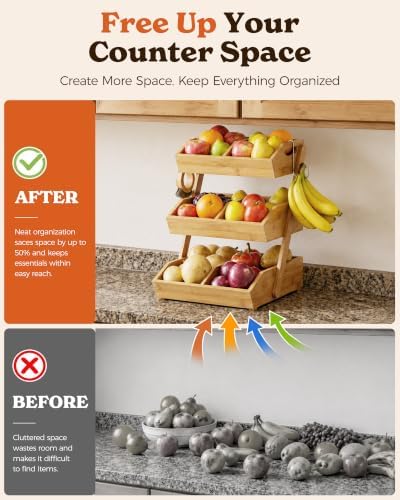 Sevenblue 3-Tier Bamboo Fruit Basket with 2 Banana Holders