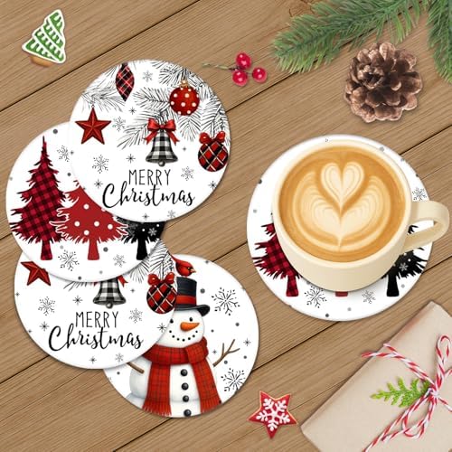 Christmas Coasters for Drinks, Set of 6 Ceramic Stone Snowman