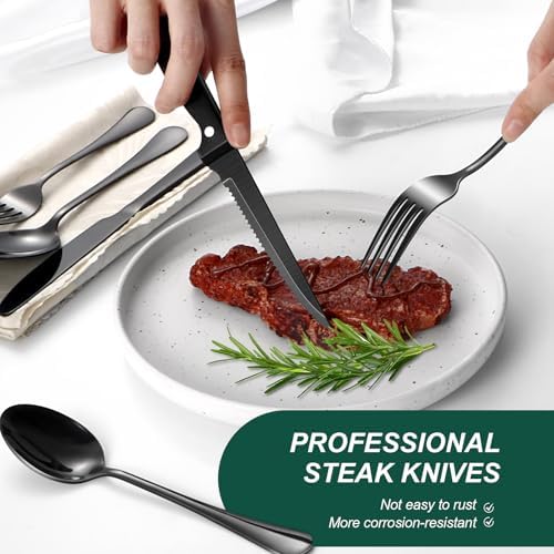 24-Piece Black Silverware Set with Steak Knives Black Stainless Steel
