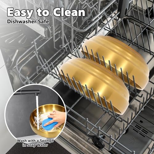 2Pcs 9" Gold 304 Stainless Steel Soup Bowl, 43Oz Deep Mixing Bowl