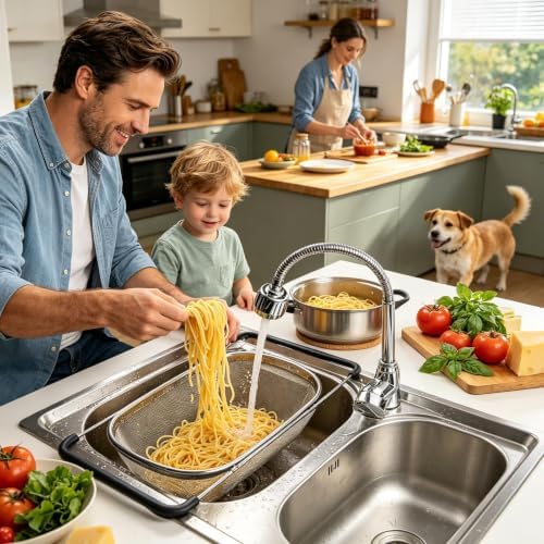 Over Sink Colander - Stainless Steel Expandable 36-55cm Basket