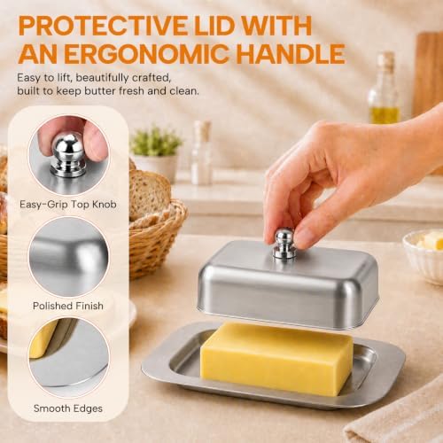 Sturdy Stainless Steel Butter Dish with Lid & Handle for Countertop