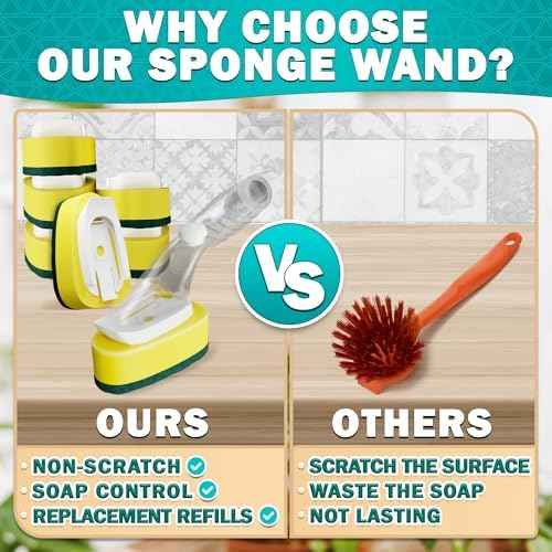 Dish Wand with Soap Dispenser, 7 Sponge Refills, Non-Scratch Head