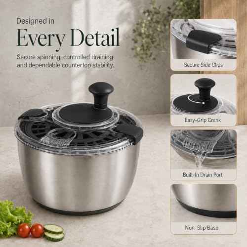 Large Salad Spinner 5.3 Qt with Stainless Steel Basket & Storage Lid, Black