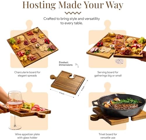 Homesphere Wooden Charcuterie Boards, Appetizer Tray for Parties & Cutting Board with Handle, Set of 4, Acacia Wood Board, Wine Gifts, Wine Accessories, Interlocking Puzzle Serving Tray w/Storage Box