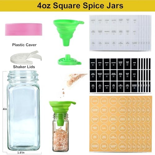 24 Spice Jars with Labels, 4oz Seasoning Jars for Cabinets, Drawers