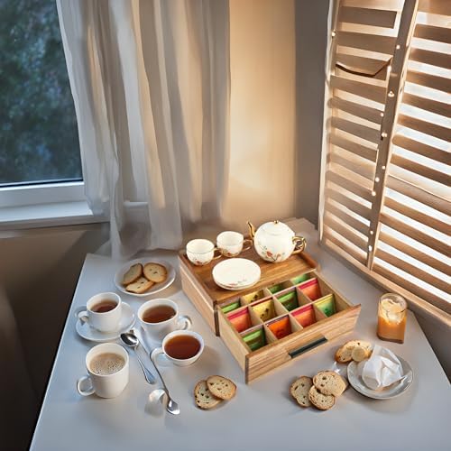 Acacia Wood Tea Bag Organizer with Drawer - 12-Compartment Tea Storage
