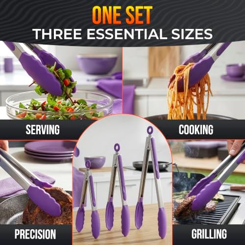 Kitchen Tongs Set, 3-Piece, 7/9/12-Inch, Purple