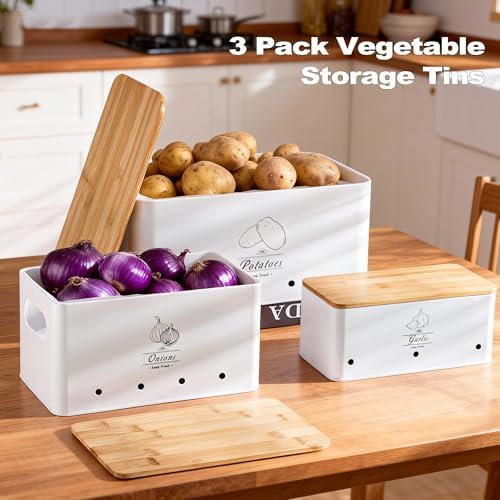 Metal Potato Onion Garlic Storage Tin Set of 3, White