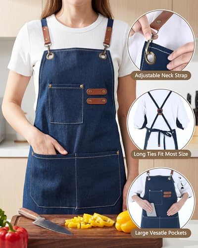 6 Pcs Chef Apron with Cross Back Straps for Men Women with Pockets